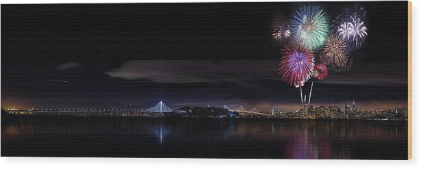San Francisco Wood Print featuring the photograph San Francisco Meteor and Fireworks by Don Hoekwater Photography