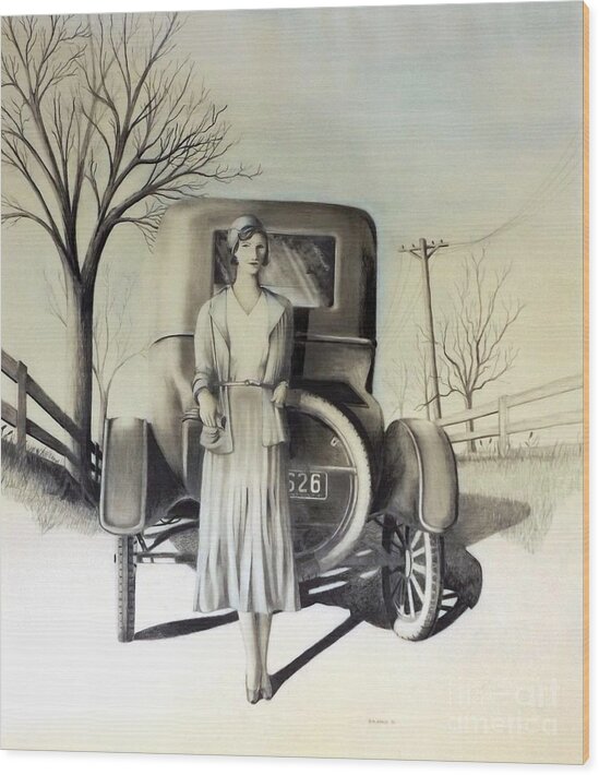 Woman And Car Drawing Wood Print featuring the drawing 1928 by David Neace CPX