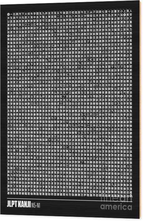 Language Wood Print featuring the digital art JLPT Kanji Chart 30x40 N5-N1 Part 1/2 Kanji Only Black by Organic Synthesis