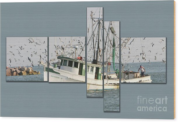 Boat Fishing Shrimping Nautical Birds Sea Ocean Water Commercial Bay Gulf Wood Print featuring the photograph Shrimping #1 by Cecil Fuselier