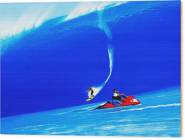Surfing Wood Print featuring the painting Teahupoo Tahiti 2010 by John Kaelin