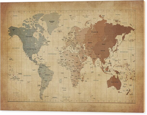 World Map Canvas Wood Print featuring the digital art Time Zones Map of the World by Michael Tompsett