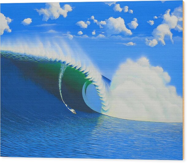 Surfing Wood Print featuring the painting Cortes 100-Foot Barrel by John Kaelin