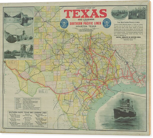 Texas Wood Print featuring the digital art Correct Map of Texas and Louisiana 1917 by Texas Map Store