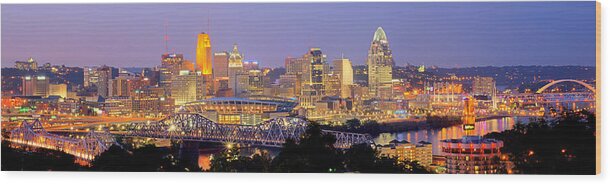 Cincinnati Skyline Wood Print featuring the photograph Cincinnati Skyline at Dusk Sunset Color Panorama Ohio by Jon Holiday