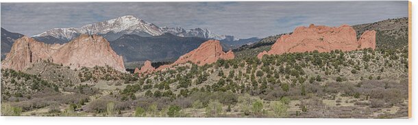 Beautiful Wood Print featuring the photograph Garden of the Gods Panorama with Pike's Peak by Teresa Wilson
