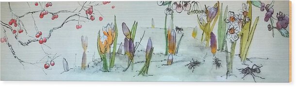 Botanical. Garden. Flowers. Seasons. Insects. Wood Print featuring the painting Seasons Come With Flowers Each by Debbi Saccomanno Chan