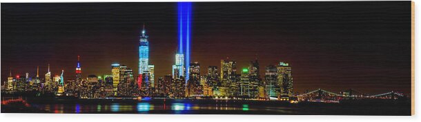 9-11 Wood Print featuring the photograph Tribute in Light from Bayonne by Nick Zelinsky Jr