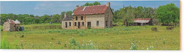Texas Hill Country.bluebonnets Wood Print featuring the photograph Marble Falls Farmhouse Pano by Lynn Bauer