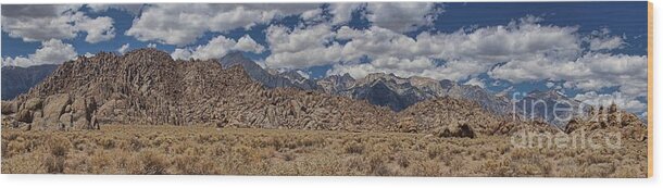 Panorama Wood Print featuring the photograph Alabama Hills and Eastern Sierra Nevada Mountains by Peggy Hughes