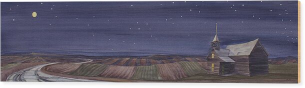 One-room Schoolhouse Wood Print featuring the painting Moonlight and School by Scott Kirby