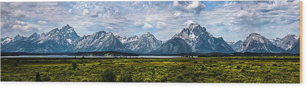The Grand Tetons Wood Print featuring the photograph Tetons - Panorama by Shane Bechler