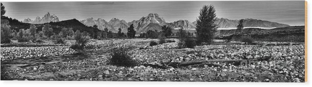 Spread Creek Wood Print featuring the photograph Giant Grand Teton Spread Creek Panorama Black And White by Adam Jewell
