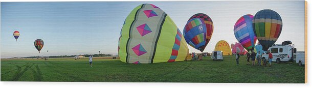 Hot Wood Print featuring the photograph Hot Air Balloon Sunrise Launch Panorama by Carolyn Hutchins