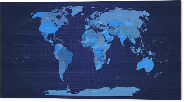 Map Wood Print featuring the digital art World Map in Blue by Michael Tompsett