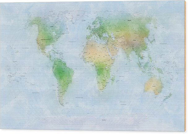 World Map Wood Print featuring the digital art World Map Watercolor #1 by Michael Tompsett