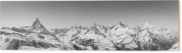 Alpine Wood Print featuring the photograph The Matterhorn and Swiss Mountains Panorama BW by Rick Deacon