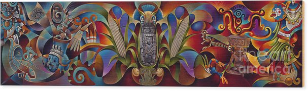 Aztec Wood Print featuring the painting Tapestry of Gods by Ricardo Chavez-Mendez
