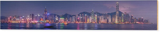 Tranquility Wood Print featuring the photograph Nightshot Panorama Of Hongkong Skyline by Coolbiere Photograph