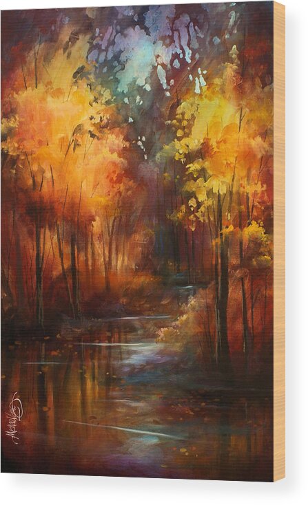 Landscape Wood Print featuring the painting ' Autumns Place ' by Michael Lang