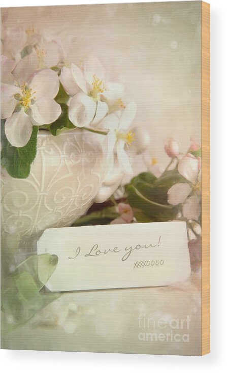 Apple Wood Print featuring the photograph Apple blossoms and gift tag/Digital painting by Sandra Cunningham