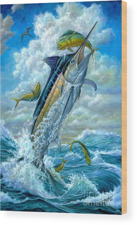 Blue Marlin Wood Print featuring the painting Big Jump Blue Marlin With Mahi Mahi by Terry Fox