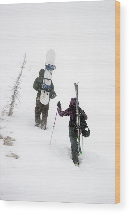 Adventure Wood Print featuring the photograph Couple Backcountry Skiing #1 by Jordan Siemens