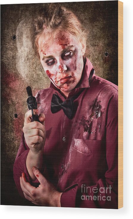 Horror Wood Print featuring the photograph Evil demented zombie holding hand gun. Robbery #1 by Jorgo Photography