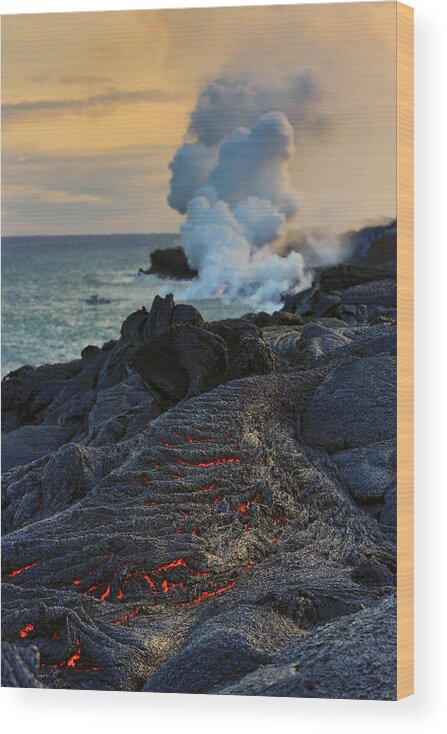 Hawaii Wood Print featuring the photograph Lava Flowing Into Ocean, Hawaii #1 by Douglas Peebles