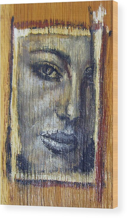 Adult Wood Print featuring the painting Mysterious Girl Face Portrait - Painting On The Wood #1 by Nenad Cerovic