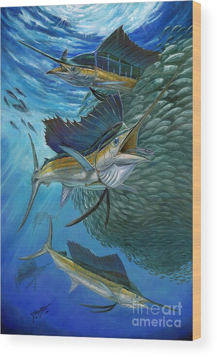 Sailfish Wood Print featuring the painting Sailfish With A Ball Of Bait by Terry Fox