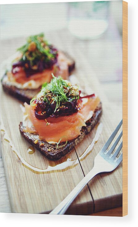 Bakery Wood Print featuring the photograph Salmon Tartine On Rye Bread On Wooden #1 by Jake Curtis