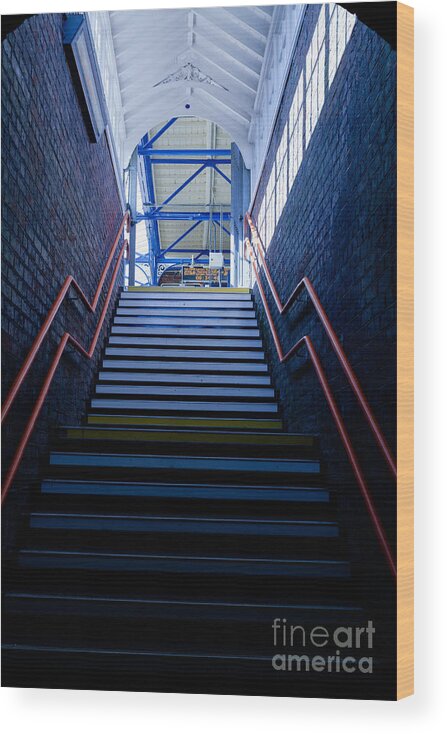 Britain Wood Print featuring the photograph Steps up leading from dark to light with red hand rail. #2 by Peter Noyce