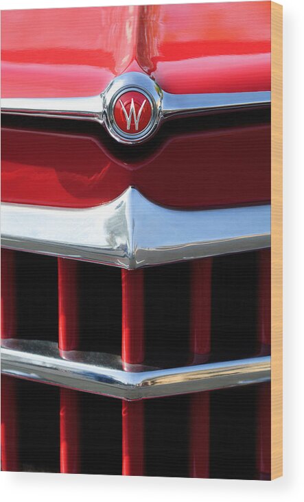 1950 Willys Overland Jeepster Wood Print featuring the photograph 1950 Willys Overland Jeepster Hood Emblem by Jill Reger