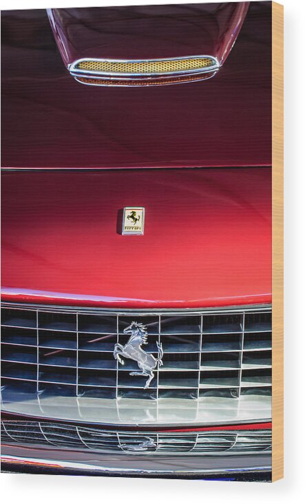 1963 Ferrari 250 Gt Lusso Grille Emblem Wood Print featuring the photograph 1963 Ferrari 250 GT Lusso Grille Emblem -0824c by Jill Reger