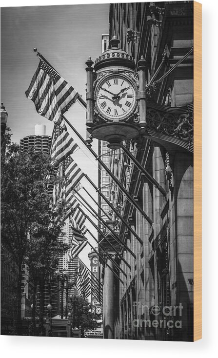 America Wood Print featuring the photograph Chicago Macy's Clock in Black and White #2 by Paul Velgos
