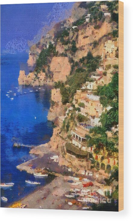 Positano Wood Print featuring the painting Positano town in Italy #1 by George Atsametakis