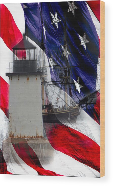  Lighthouses Of New England Wood Print featuring the photograph Salem's Friendship sails past Fort Pickering Lighthouse by Jeff Folger