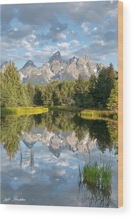 Awe Wood Print featuring the photograph Teton Range Reflected in the Snake River by Jeff Goulden
