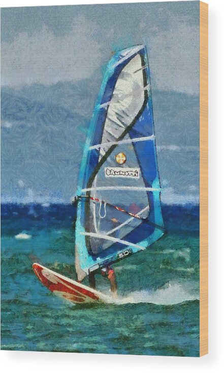 Windsurfing Wood Print featuring the painting Windsurfing #32 by George Atsametakis