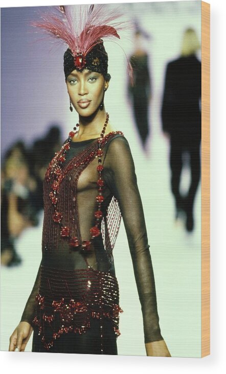 Indoors Wood Print featuring the photograph Naomi Campbell On A Runway For Anna Sui #3 by Guy Marineau