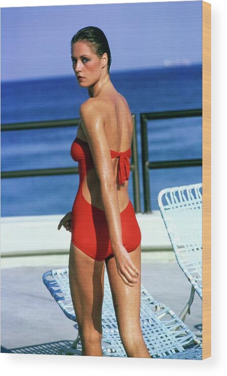 Swimwear Wood Print featuring the photograph Model Wearing A Oleg Cassini Swimsuit by Arthur Elgort