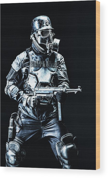 Soldier Wood Print featuring the photograph Futuristic Nazi Soldier With Submachine #7 by Oleg Zabielin