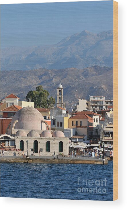 Chania; Hania; Crete; Kriti; Town; Old; City; Port; Harbor; Venetian; Greece; Hellas; Greek; Hellenic; Islands; Sea; People; Tourists; Tradition; Traditional; Island; Building; Buildings; Cafe; Cafeteria; Restaurant; Turkish; Baths; Holidays; Vacation; Travel; Trip; Voyage; Journey; Tourism; Touristic; Summer; Blue; Sky Wood Print featuring the photograph Chania city #3 by George Atsametakis