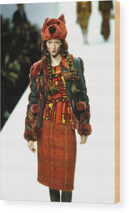 Indoors Wood Print featuring the photograph Model On A Runway For Anna Sui #8 by Guy Marineau