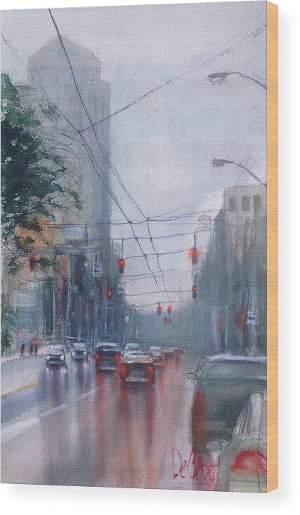 Cityscape Wood Print featuring the painting A Rainy Day in Dayton by Gregory DeGroat