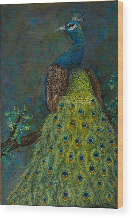 Peacock Wood Print featuring the painting A Tail to Remember by Nancy Lauby
