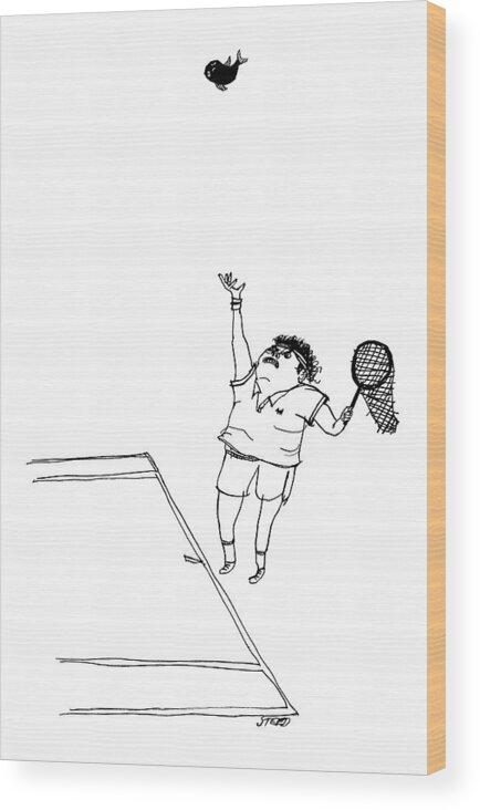 Captionless Tennis Wood Print featuring the drawing A Tennis Player Holds A Fishing Net Instead by Edward Steed