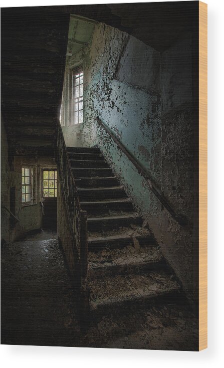 Abandoned Places Wood Print featuring the photograph Abandoned Building - Haunting Images - Stairwell in building 138 by Gary Heller