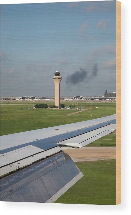 Control Tower Wood Print featuring the photograph Airport Control Tower And Airplane Wing by Jim West